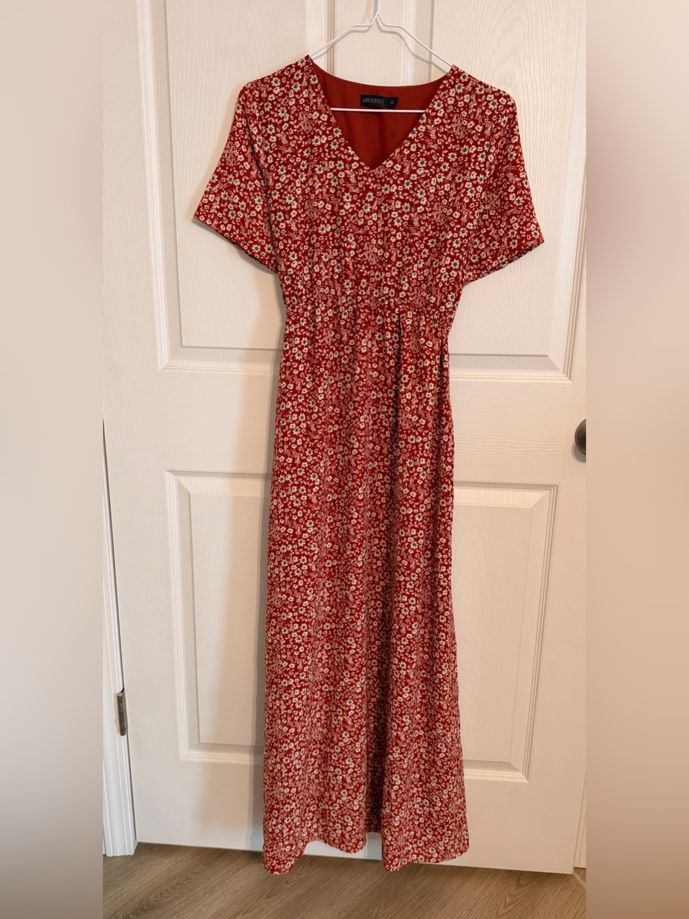 Mikarose Red Floral Maxi Dress Size M Modest Short Sleeve